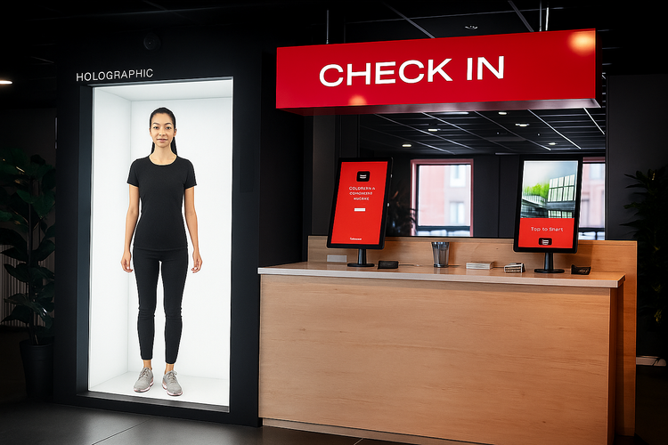 Life-sized host on a vertical display kiosk